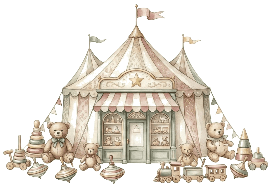 Toy shop circus tent with teddy bears and toys